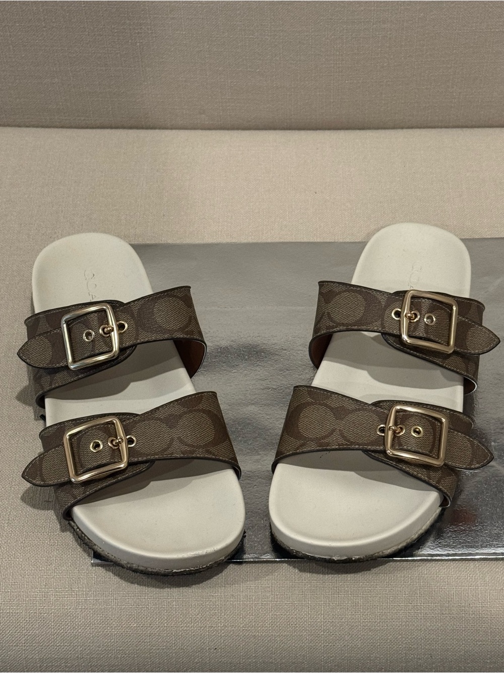 Coach Women Brown Signature Double-Strap Buckle Sandals